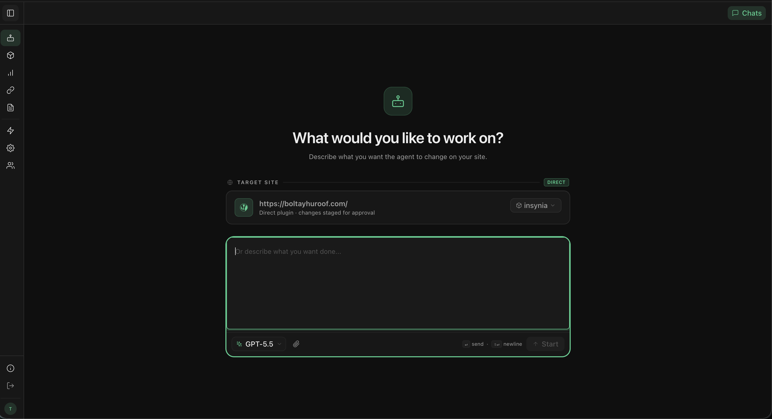 Insynia first prompt screen with target project and prompt input