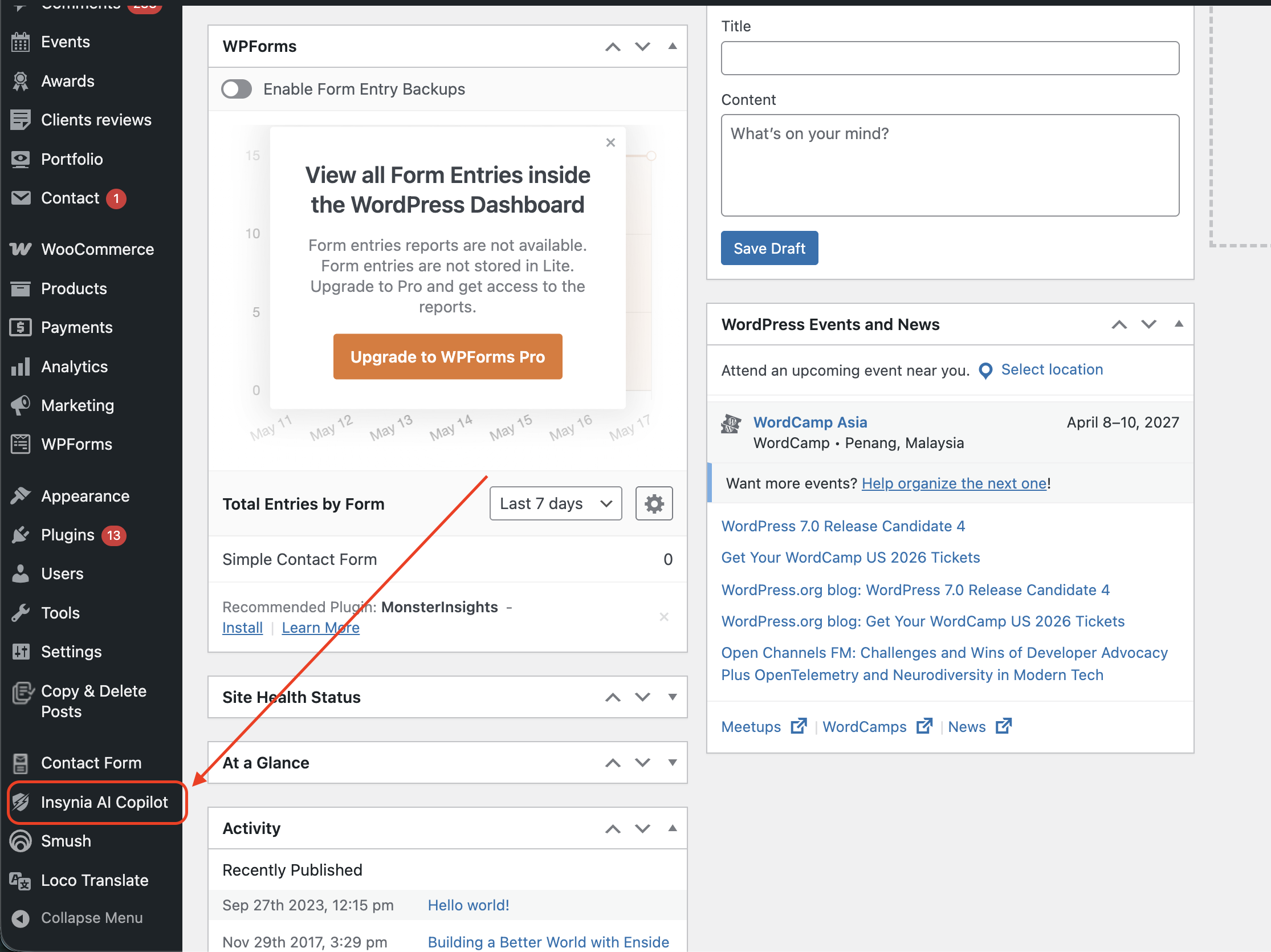 WordPress admin sidebar with Insynia AI Copilot menu item highlighted