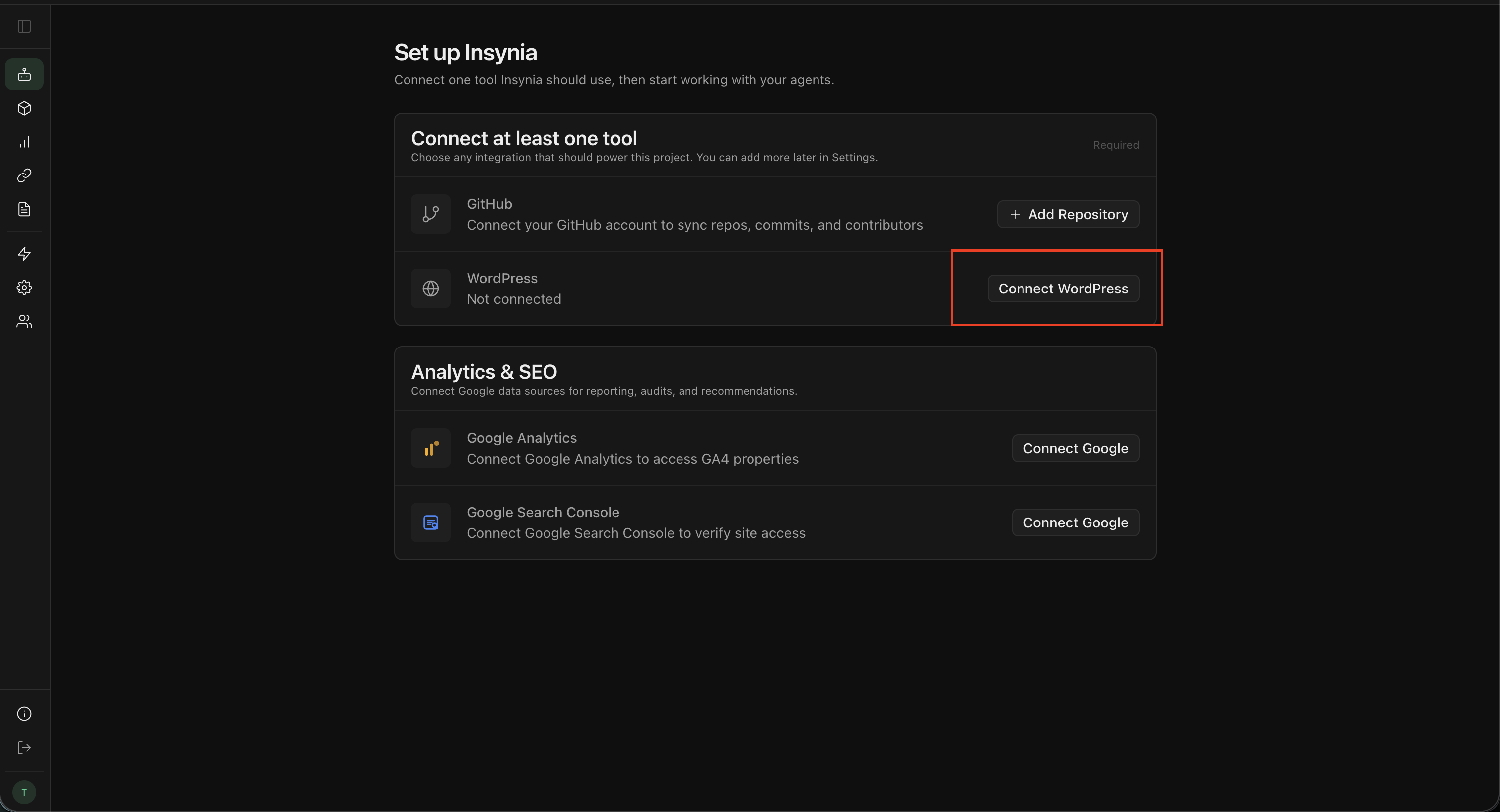 Insynia setup screen with Connect WordPress highlighted