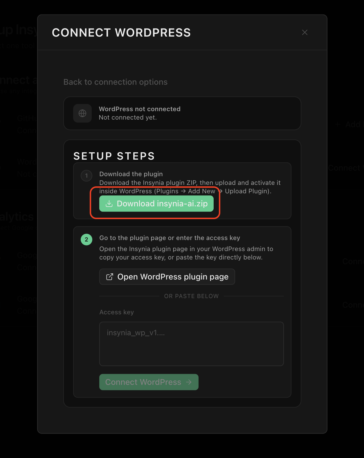 Connect WordPress modal with Download insynia-ai.zip button