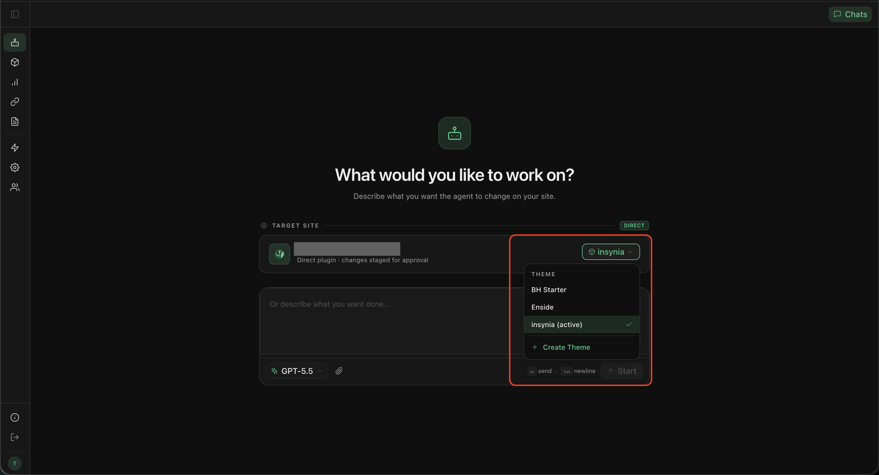 Insynia prompt screen with theme dropdown showing active theme and Create Theme option
