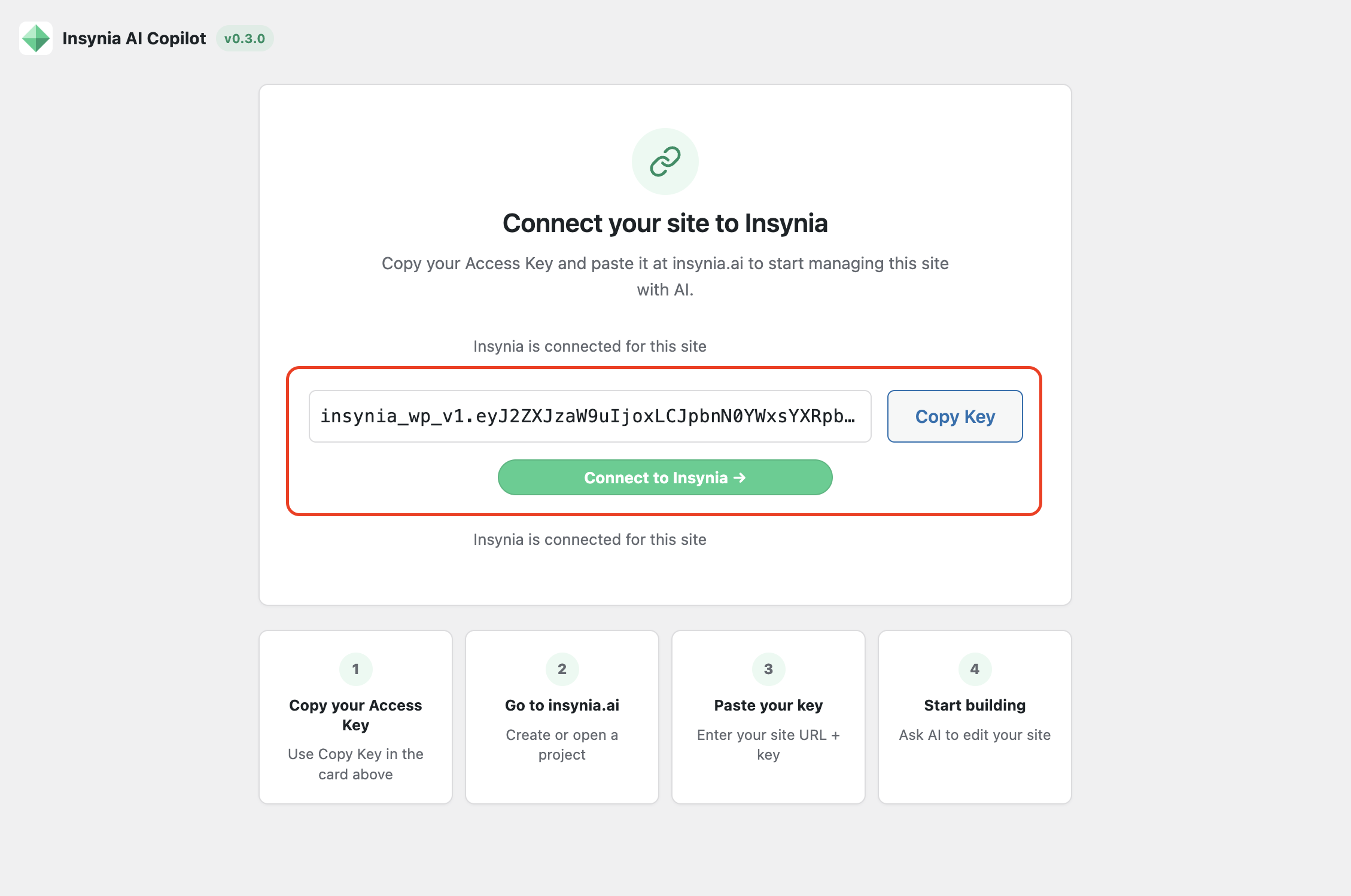 Insynia AI Copilot plugin page with access key and Copy Key button