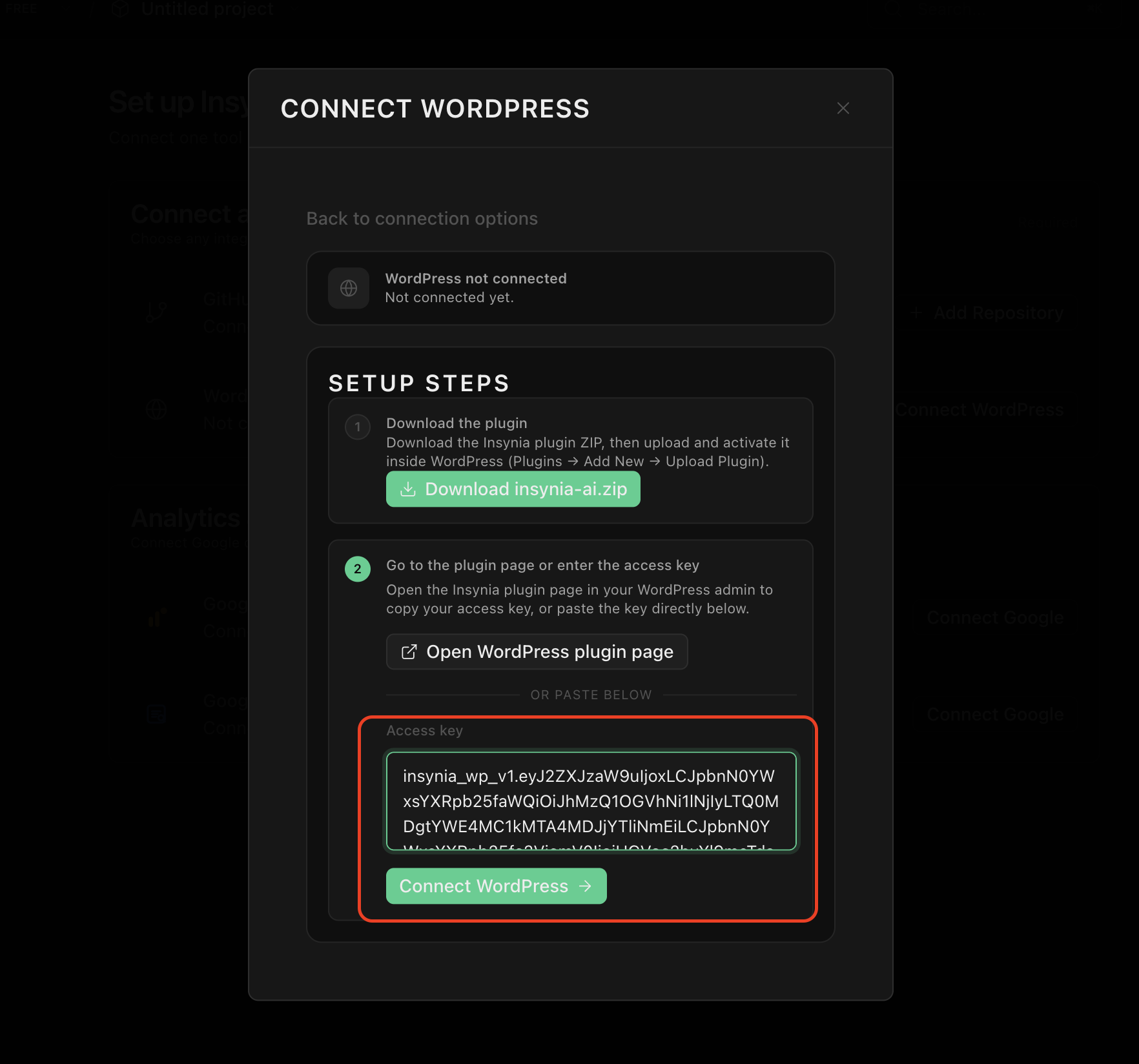 Connect WordPress modal with access key pasted and Connect WordPress button