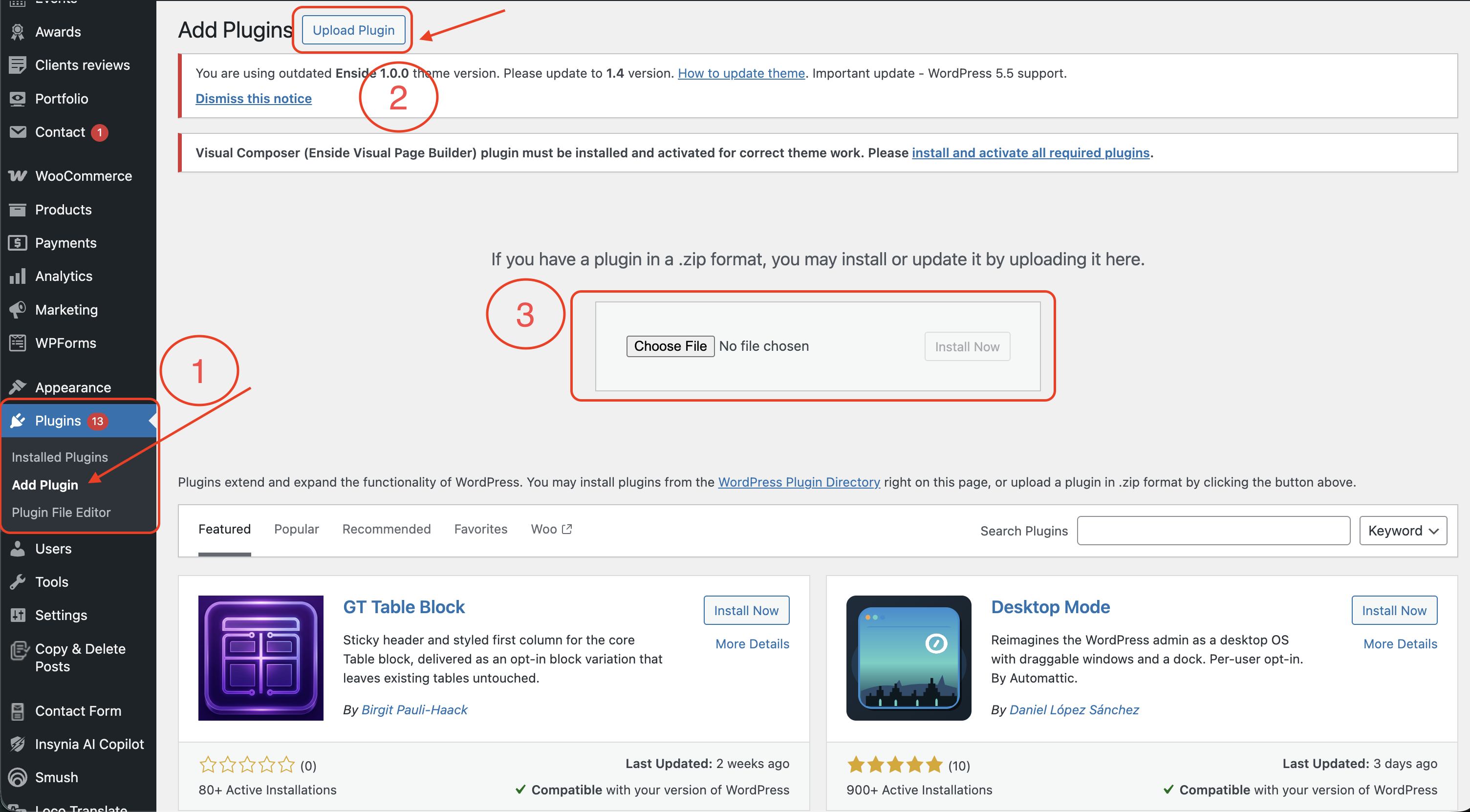 WordPress admin Upload Plugin screen with file chooser highlighted